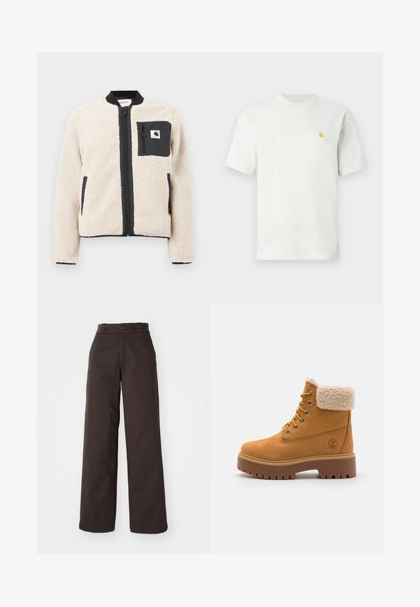 Beige fleecjas met een zwarte rits en zak. Beschikt over een zachte textuur, een geribde kraag en elastische manchetten. Inclusief een logo-opdruk op de borst.; Wit T-shirt met korte mouwen en ronde hals, met een klein geel logo op de linkerborst, getoond tegen een effen achtergrond.; Bruine wijde broek met knoopsluiting en riemlussen, gemaakt van duurzame stof, met een gladde textuur en strakke lijnen.; Tan suède laars met een nepbont kraag, gouden oogjes en een contrasterende rubberen zool. Voorzien van een logo op de zijkant en een gestructureerde loopvlak.