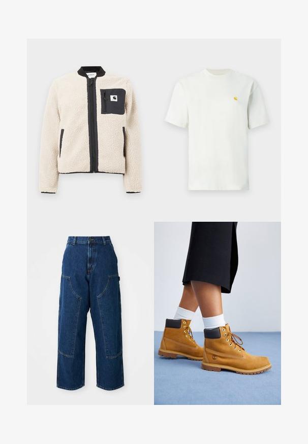 Veste en polaire beige avec une fermeture éclair et une poche noires. Présente une texture douce, un col côtelé et des poignets élastiques. Comprend un patch logo sur la poitrine.; T-shirt blanc à manches courtes et col rond avec un petit logo jaune sur le côté gauche de la poitrine, présenté sur un fond uni.; Jean large en denim foncé avec une taille haute, dotée de grandes poches avant et de coutures contrastées. Le tissu présente une légère texture.; Bottines en suede beige avec des accents en cuir marron, des œillets dorés et une semelle texturée. Chaussettes blanches visibles au-dessus des bottines.