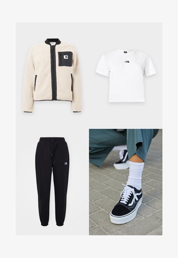 Beige fleecejakke med sort lynlås og lomme. Har en blød tekstur, ribbet krave og elastiske manchetter. Inkluderer en logo-patch på brystet.; Hvid bomulds t-shirt med korte ærmer, rund hals og et sort The North Face-logo på brystet. Enkel, udekoreret design.; Sorte joggingbukser med elastisk talje og manchetter, snoretræk, sidelommer og lille hvid The North Face-logo på højre lår.; Sorte ruskinds sneakers med hvide accenter og snørebånd, der har en tyk hvid sål og kontrasterende syninger, parret med en hvid sok.