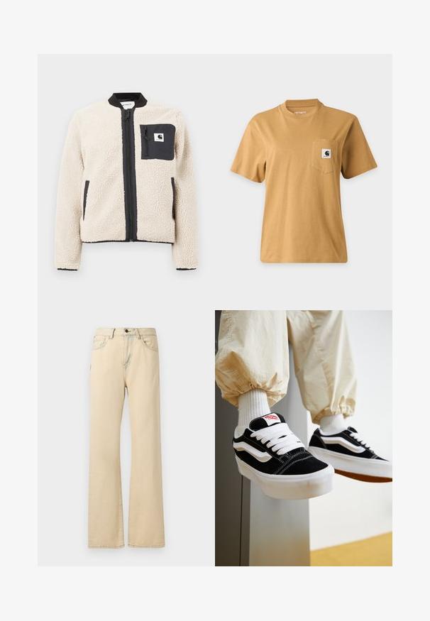 Beige fleecejakke med sort lynlås og lomme. Har en blød tekstur, ribbet krave og elastiske manchetter. Inkluderer en logo-patch på brystet.; Enkelt brun kortærmet t-shirt med en brystlomme med en firkantet mærkelogo-patch, vist på en ensartet lys baggrund.; Beige vide ben jeans lavet af denimstof, med høj talje, frontlommer, knappelukning og kontrast-syninger.; Person iført sorte og hvide Vans sneakers med hvide snørebånd, hvide sokker og beige bukser med elastiske manchetter.