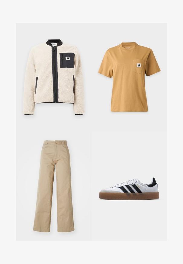 Veste en polaire beige avec une fermeture éclair et une poche noires. Présente une texture douce, un col côtelé et des poignets élastiques. Comprend un patch logo sur la poitrine.; T-shirt marron uni à manches courtes avec une poche poitrine présentant un patch carré avec le logo de la marque, affiché sur un fond clair uni.; Pantalons larges beiges en coton, avec fermeture à bouton et passants de ceinture, présentant une texture lisse et une finition soignée.; Baskets en cuir blanc avec des rayures noires, semelle extérieure en caoutchouc beige, bout rond, fermeture lacée et embout en suède gris doux.