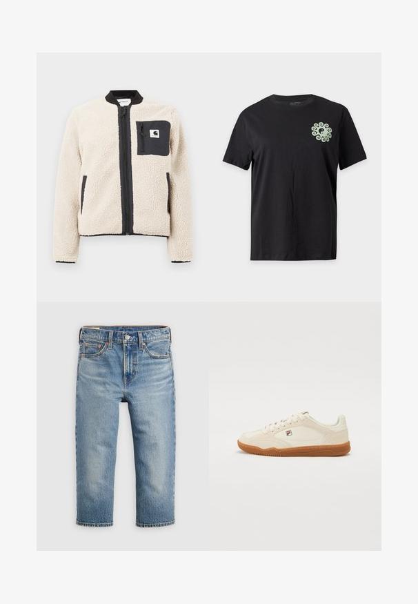 Beige fleecejakke med sort lynlås og lomme. Har en blød tekstur, ribbet krave og elastiske manchetter. Inkluderer en logo-patch på brystet.; Sort T-shirt med korte ærmer med et lille lysegrønt yin-yang symbol omgivet af et hvirvelmønster på øverste venstre bryst.; Lyseblå denimjeans med afslappet pasform, kort længde, fem lommer og lukning med metalknap. Falmet struktur med diskrete syningsdetaljer.; Hvide sneakers med en ruskindsoverflade, gummisål og syede detaljer. Har snørebåndsdesign og et lille logo på siden.