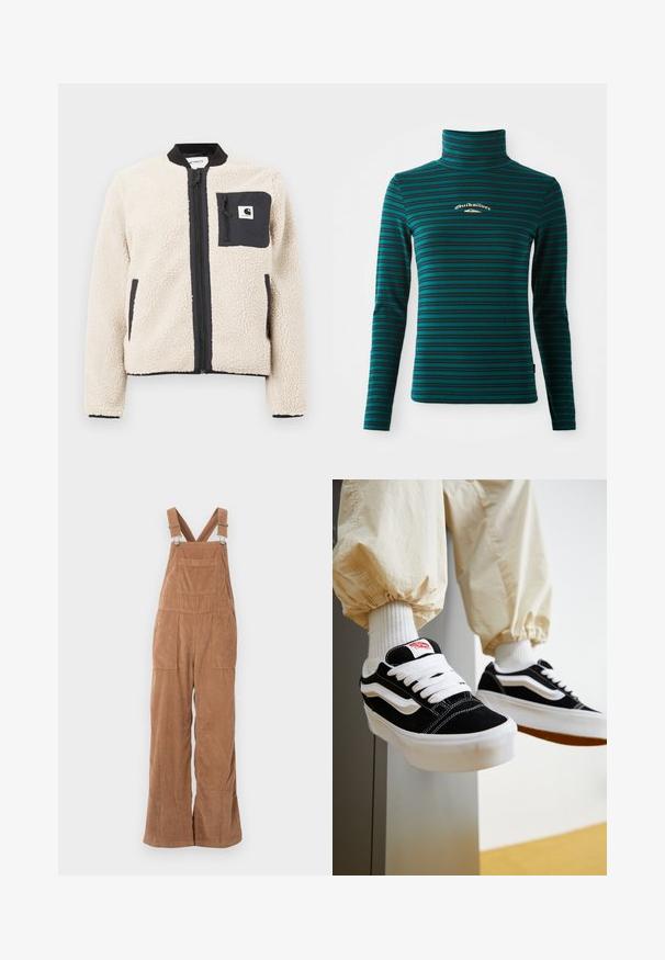 Beige fleecejakke med sort lynlås og lomme. Har en blød tekstur, ribbet krave og elastiske manchetter. Inkluderer en logo-patch på brystet.; Langærmet turtleneck top i teal med mørkeblå vandrette striber. Har et lille hvidt og guld logo på brystet. Blødt, strækbart stof.; Brune kordfløjs overalls med brede ben, justerbare stropper og forlomme. Blød tekstur med lodret ribbet mønster.; Person iført sorte og hvide Vans sneakers med hvide snørebånd, hvide sokker og beige bukser med elastiske manchetter.