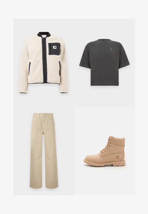 Veste en polaire beige avec une fermeture éclair et une poche noires. Présente une texture douce, un col côtelé et des poignets élastiques. Comprend un patch logo sur la poitrine.; T-shirt ample à manches courtes de couleur gris foncé, avec col rond et petite étiquette logo Carhartt sur la poitrine gauche.; Pantalon beige taille haute à jambes larges avec bouton frontal, fermeture éclair et poches latérales, présenté sur un fond blanc uni.; Timberland PREMIUM - Bottines à lacets - light beige