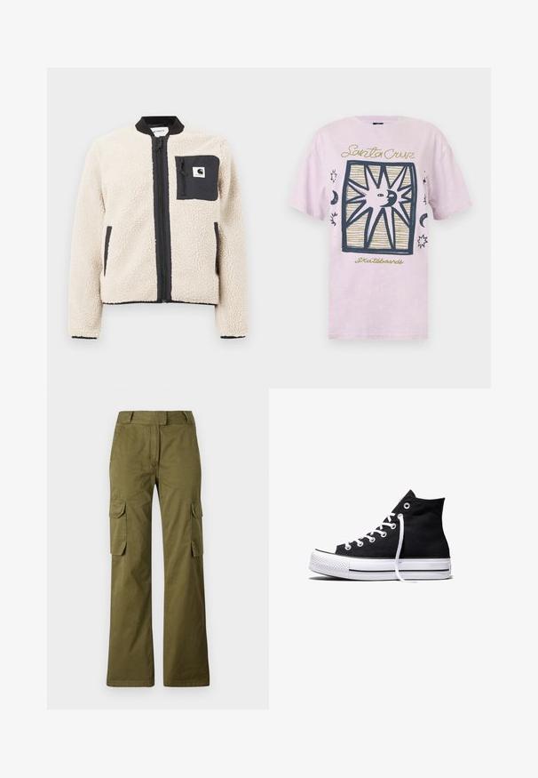 Beige fleecejakke med sort lynlås og lomme. Har en blød tekstur, ribbet krave og elastiske manchetter. Inkluderer en logo-patch på brystet.; Lyserød T-shirt med en central grafik af en sol- og måneansigt, omgivet af stjerner og halvmåner, med teksten "Santa Cruz Skateboards".; Oliven grønne cargo bukser lavet af bomuldsblanding, med lige ben design, to sidelommer og en knaplukning i taljen.; Sort high-top canvas sneaker med hvid gummisål og hvide snørebånd, vist fra siden mod en hvid baggrund.