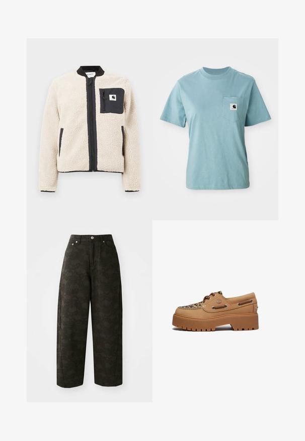 Beige fleecjas met een zwarte rits en zak. Beschikt over een zachte textuur, een geribde kraag en elastische manchetten. Inclusief een logo-opdruk op de borst.; Lichtblauw katoenen T-shirt met korte mouwen en een borstzak, voorzien van een klein zwart-wit Carhartt logo patch.; Donkergroene wijde broek met een gestructureerd bloempatroon, vijf zakken en metalen knoopsluitingen in de taille.; Timberland STONE STREET - Bootschoenen - medium beige