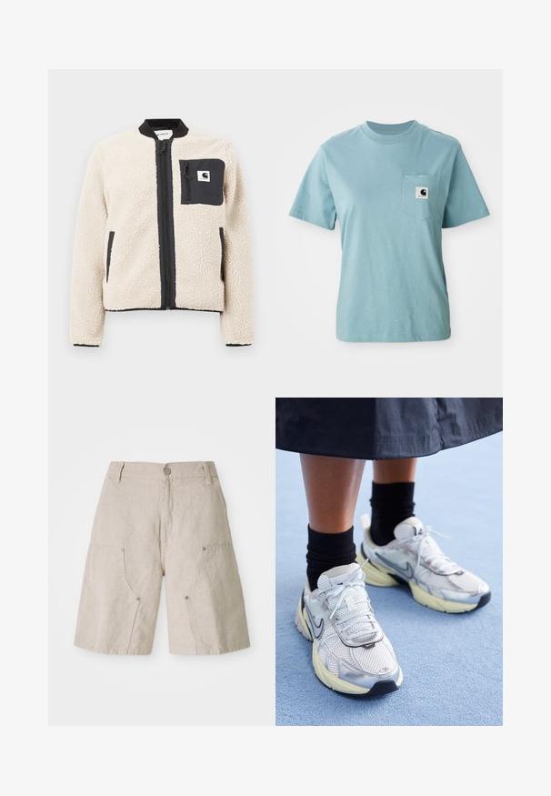 Beige fleecejakke med sort lynlås og lomme. Har en blød tekstur, ribbet krave og elastiske manchetter. Inkluderer en logo-patch på brystet.; Lyseblå kortærmet bomulds T-shirt med brystlomme og et lille sort-hvidt Carhartt logo patch.; Beige linnedshorts med en afslappet pasform, der har to forlommer og cirkulære metaldetaljer. Afslappet design med en tekstureret overflade.; Hvide og sølv Nike sneakers med mesh-stof, reflekterende detaljer og en beige sål. Bæres med sorte sokker og står på en blå overflade.
