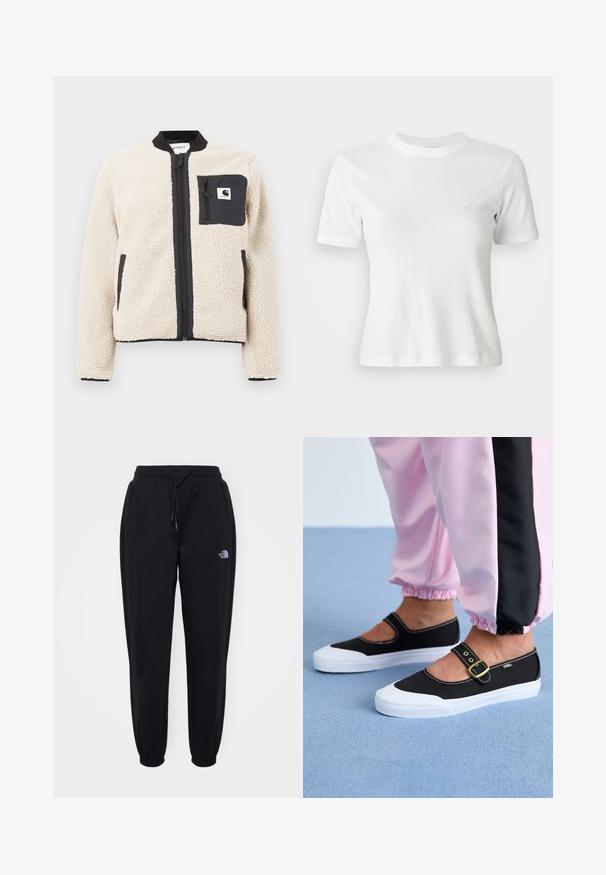 Beige fleecejakke med sort lynlås og lomme. Har en blød tekstur, ribbet krave og elastiske manchetter. Inkluderer en logo-patch på brystet.; Hvid ribbet kortærmet T-shirt med rund halsudskæring og et lille logo på brystet. Lavet af blødt stof med en tætsiddende pasform.; Sorte joggingbukser med elastisk talje og manchetter, snoretræk, sidelommer og lille hvid The North Face-logo på højre lår.; Sorte lærredssko med en hvid sål, der har et udskæringsdesign og et guldspænde. Bæret med lyserøde træningsbukser.