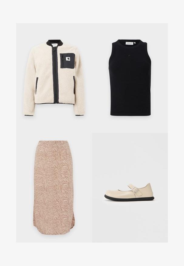 Beige fleecejakke med sort lynlås og lomme. Har en blød tekstur, ribbet krave og elastiske manchetter. Inkluderer en logo-patch på brystet.; Sort ærmeløs tanktop lavet af ribbet stof, med rund halsudskæring og et lille logo på forsiden. Enkel, tætsiddende design.; Midi-længde beige nederdel med abstrakt blomster- og zebrastribet mønster, der har en buet kant og blødt, letvægtsstof.; Beige Mary Jane sko med rund tå, justerbar rem og sort gummisål. Glat, blank finish med minimalistisk design.
