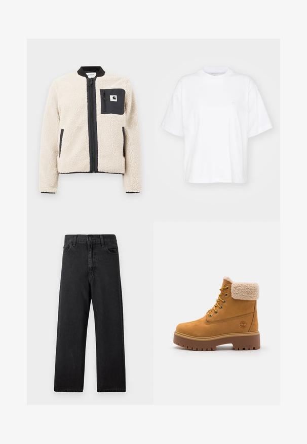 Beige fleecjas met een zwarte rits en zak. Beschikt over een zachte textuur, een geribde kraag en elastische manchetten. Inclusief een logo-opdruk op de borst.; Witte katoenen t-shirt met een ronde hals, korte mouwen en een ontspannen pasvorm. Heeft een subtiel logo op het linkerborstgedeelte. Zachte textuur.; Zwarte denim jeans met een hoge taille, rechte pijpen, vijfzakkenontwerp en een klassieke knoopsluiting aan de voorkant. Zachte, gestructureerde stof.; Tan suède laars met een nepbont kraag, gouden oogjes en een contrasterende rubberen zool. Voorzien van een logo op de zijkant en een gestructureerde loopvlak.