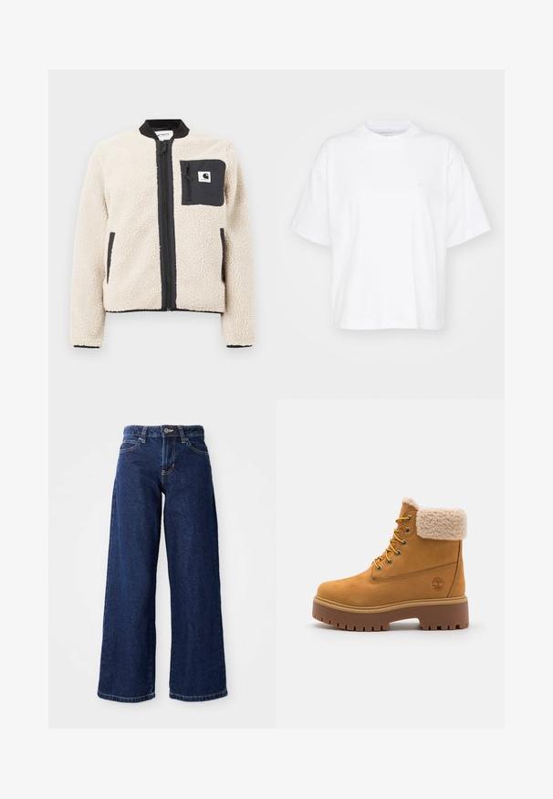 Beige fleecjas met een zwarte rits en zak. Beschikt over een zachte textuur, een geribde kraag en elastische manchetten. Inclusief een logo-opdruk op de borst.; Witte katoenen t-shirt met een ronde hals, korte mouwen en een ontspannen pasvorm. Heeft een subtiel logo op het linkerborstgedeelte. Zachte textuur.; Donkerblauwe wijde spijkerbroek van denim, met een knoop- en ritssluiting, riemlussen en klassieke vijf-pocketontwerp.; Tan suède laars met een nepbont kraag, gouden oogjes en een contrasterende rubberen zool. Voorzien van een logo op de zijkant en een gestructureerde loopvlak.