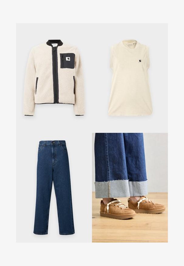 Veste en polaire beige avec une fermeture éclair et une poche noires. Présente une texture douce, un col côtelé et des poignets élastiques. Comprend un patch logo sur la poitrine.; Haut beige sans manches Carhartt avec encolure ronde et petite étiquette logo sur le côté gauche de la poitrine, présenté sur fond blanc.; Jean en denim bleu taille haute avec un design à jambes larges, comprenant cinq poches, une fermeture à bouton à l'avant et des coutures décoratives le long des coutures.; Pieds portant des baskets en daim beige avec de larges lacets crème, associées à un jean bleu large avec revers, debout sur un sol en bois.