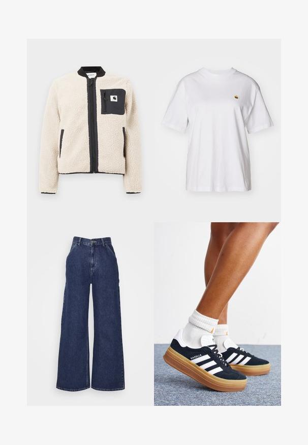 Beige fleecjas met een zwarte rits en zak. Beschikt over een zachte textuur, een geribde kraag en elastische manchetten. Inclusief een logo-opdruk op de borst.; Witte katoenen t-shirt met een relaxte pasvorm, korte mouwen en een klein geborduurd logo op de linkerborst.; Brede denim jeans in donkerblauw, met een hoge taille, zijzakken en een ritssluiting met een metalen knop. Gladde textuur en klassiek ontwerp.; Ben met witte sokken en zwarte Adidas Gazelle sneakers met witte strepen en dikke bruine zolen op een grijs tapijt.