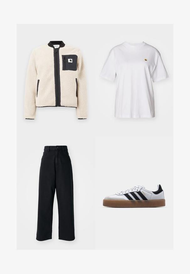 Beige fleecjas met een zwarte rits en zak. Beschikt over een zachte textuur, een geribde kraag en elastische manchetten. Inclusief een logo-opdruk op de borst.; Witte katoenen t-shirt met een relaxte pasvorm, korte mouwen en een klein geborduurd logo op de linkerborst.; Zwarte high-waisted wide-leg jeans met voorzakken en knoopsluiting, weergegeven tegen een witte achtergrond.; Witte leren sneakers met zwarte strepen, gumrubberen buitenzool, ronde neus, vetersluiting en een zachte grijze suède neuskap.