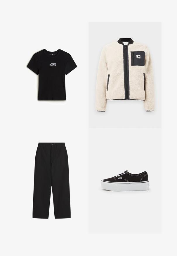 Beige fleecjas met een zwarte rits en zak. Beschikt over een zachte textuur, een geribde kraag en elastische manchetten. Inclusief een logo-opdruk op de borst.; Vans CAMERON - T-shirt basic - black; Zwarte wijde broek van katoen. Heeft een knoopsluiting, twee voorzakken en een gladde textuur. Eenvoudig ontwerp zonder patronen.; Zwarte canvas sneaker met een witte rubberen platformzool, voorzien van witte veters en stiksels, iconische branding op de zijkant, low-top ontwerp.