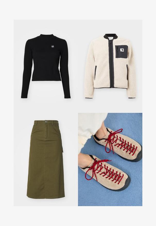 Beige fleecejakke med sort lynlås og lomme. Har en blød tekstur, ribbet krave og elastiske manchetter. Inkluderer en logo-patch på brystet.; Sort langærmet top med ribbet tekstur, høj hals og et lille broderet logo på venstre bryst. Har et tætsiddende cropped design.; Oliven grøn bomulds midi nederdel med lige snit, knaplukning, to sidelommer og en let split i kanten for bedre bevægelsesfrihed.; Beige sko med røde snørebånd, placeret på en blå tekstureret overflade, delvist synliggørende en persons ankel. Skoene har et sporty design.