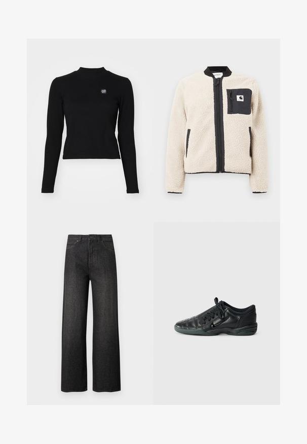 Beige fleece-takki mustalla vetoketjulla ja taskuilla. Ominaisuuksia ovat pehmeä rakenne, ribbineule kaulus ja joustavat hihansuut. Sisältää logopatchin rinnassa.; Musta pitkähihaisempi toppi, jossa on ribbikuvio, korkea kaula-aukko ja pieni brodeerattu logo vasemmassa rinnassa. Sisältää tiukan lyhyen muotoilun.; Musta korkeavyötäröiset leveälahkeiset farkut, joissa etutaskut, napillinen kiinnitys ja vyölenkit, yksinkertaisella vaalealla taustalla.; Musta nahkakenkä urheilukäyttöön, jossa on päällystetty muotoilu, pyöreä kärki, nauhakiinnitys edessä ja kumipohja. Sivussa on hienovarainen brändäys.