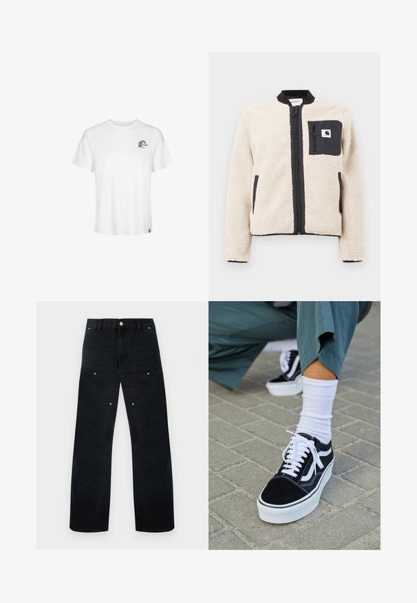 Beige fleecjas met een zwarte rits en zak. Beschikt over een zachte textuur, een geribde kraag en elastische manchetten. Inclusief een logo-opdruk op de borst.; Witte katoenen t-shirt met korte mouwen, ronde halslijn en een klein bruin grafisch logo op de linkerkant van de borst. Zachte textuur en een standaard pasvorm.; Zwarte wijde spijkerbroek met hoge taille, voorzien van ingetogen steken, twee voorzakken en metalen hardware accenten.; Zwarte suède sneaker met witte accenten en veters, uitgerust met een dikke witte zool en contrasterende stiksels, gecombineerd met een witte sok.