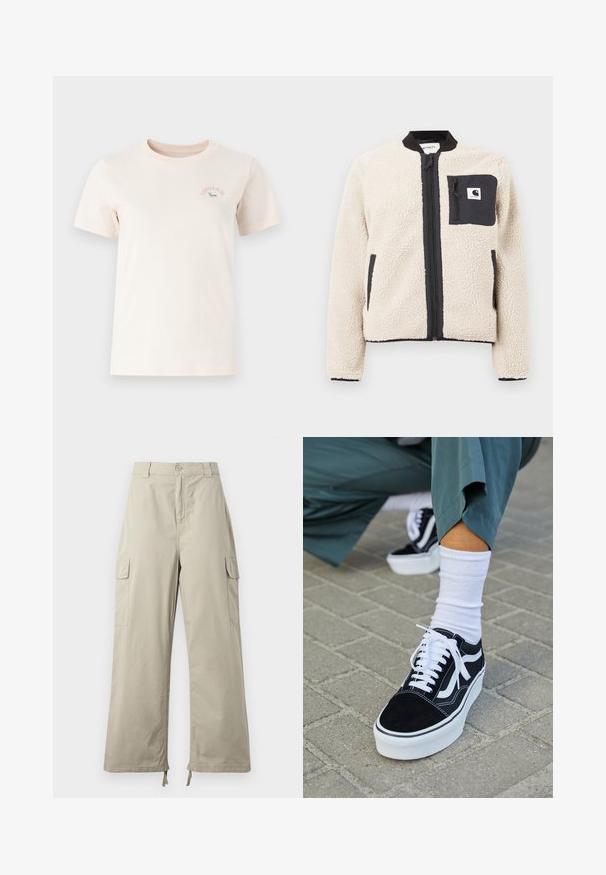 Beige fleecjas met een zwarte rits en zak. Beschikt over een zachte textuur, een geribde kraag en elastische manchetten. Inclusief een logo-opdruk op de borst.; Kortekorte, lichtbeige katoenen t-shirt met een ronde halslijn, voorzien van een roze "Converse" logo en een groene graphic op de borst.; Lichtbeige cargobroek met een relaxte pasvorm, voorzien van een knoopsluiting, zijzakken en een verstelbare zoom met strikjes. Soepele stofstructuur.; Zwarte suède sneaker met witte accenten en veters, uitgerust met een dikke witte zool en contrasterende stiksels, gecombineerd met een witte sok.