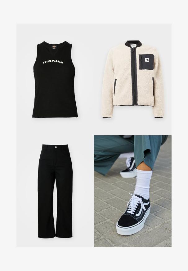 Bež fliiskunstnik musta tõmblukuga ja taskuga. Omab pehmet tekstuuri, soonikkoes kaelust ja elastseid mansette. Rinnas on logo pael.; Mustamata ilma varrukat särk, millel on soonikuline tekstuur, esitades valget kumerat "DICKIES" logo rinnaosas ning V-kaeluse disain.; Mustad kõrge vöökohaga sirged püksid eesmine taskutega, vöölukud ja hõbedane nupu sulgemine valgel taustal.; Mustjad sametist tennisjalanõud valgete aktsentide ja nööridega, millel on paks valge tald ja kontrastsed õmblused, koos valge sokiga.