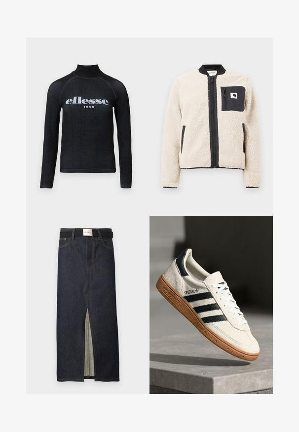 Beige fleecjas met een zwarte rits en zak. Beschikt over een zachte textuur, een geribde kraag en elastische manchetten. Inclusief een logo-opdruk op de borst.; Zwarte longsleeve top met een hoge kraag, voorzien van een witte bedrukte "ellesse 1959" logo op de borst; zachte, rekbare stof.; Denim midi-rok in donkerblauw met een voorste split. Voorzien van gele stiknaden en een zwarte riem met een zilveren gesp. Eenvoudig, recht ontwerp.; Witte suède sneakers met marineblauwe strepen, rubberen gumzool, gestructureerde bovenkant, ronde neus en veters; heeft branding aan de zijkant en op de tong.