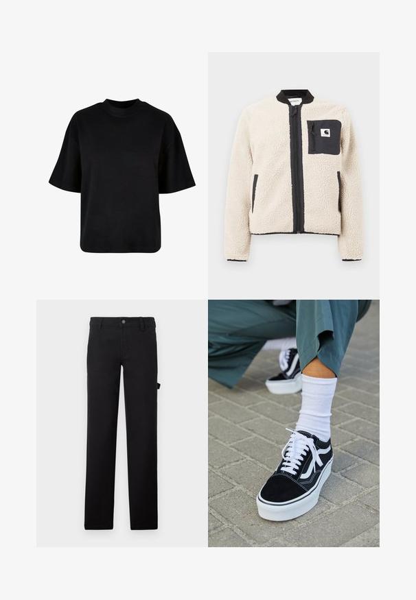 Beige fleecejakke med sort lynlås og lomme. Har en blød tekstur, ribbet krave og elastiske manchetter. Inkluderer en logo-patch på brystet.; Sort bomulds t-shirt med høj hals, korte ærmer og en løs, boxy pasform uden synlige mønstre eller accenter.; Sorte bukser lavet af stof med en glat tekstur, designet med lige ben, en knaplukning og en sidelomme.; Sorte ruskinds sneakers med hvide accenter og snørebånd, der har en tyk hvid sål og kontrasterende syninger, parret med en hvid sok.