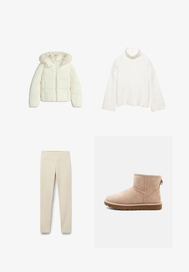 Doudoune de couleur crème avec une fermeture éclair à l'avant et une capuche en fourrure douce, conçue pour la chaleur et l'habillement d'hiver.; Pull à col roulé blanc en tissu doux, présentant une coupe décontractée, des épaules tombantes et des poignets et un ourlet larges côtelés.; Leggings beiges avec une taille haute et large, fabriqués à partir d'un tissu doux et extensible. Design à jambe droite sans coutures ni motifs visibles.; Bottine en daim beige à bout arrondi, avec des accents cousus et une semelle en caoutchouc brun texturé. Elle se distingue par une languette à l'arrière.