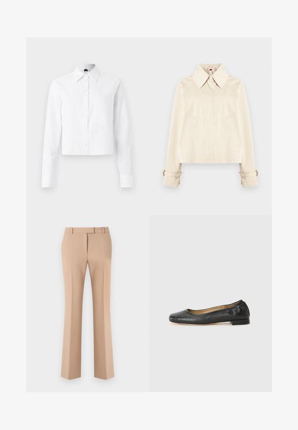 Veste courte couleur crème avec grand col pointu, poches avant, manches longues avec poignets réglables à boucle.; Chemise courte blanche à boutons avec des rayures verticales bleu clair, manches longues, poche poitrine unique et col classique. Tissu en mélange de coton.; Pantalon beige droit sur mesure avec passants de ceinture et plis avant, présenté sur un fond blanc.; Ballerines en cuir noir avec un bout arrondi et des coutures minimales. Talon bas et rectangulaire avec une texture lisse. Détails subtils de doublure intérieure.