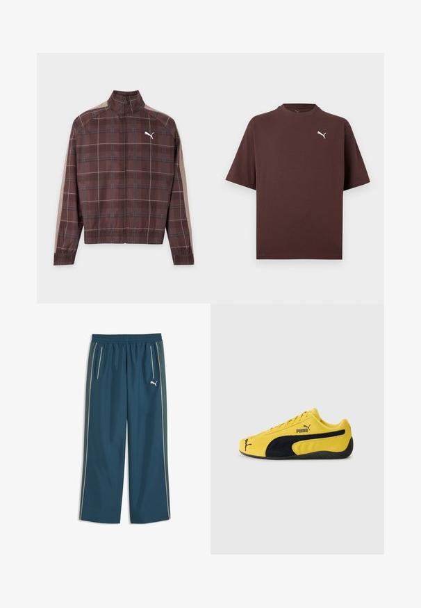 Brun ternet jakke med lynlås med beige striber på ærmerne og hvid Puma-logo på venstre bryst, elastiske manchetter og kant.; Brun T-shirt med korte ærmer og rund hals med lille hvid Puma-logo på venstre bryst mod en hvid baggrund.; Navyblå træningsbukser med elastisk linning, sidelommer, hvid piping langs benene og lille hvid Puma-logo på højre lår.; Gul ruskinds sneakers med sorte ruskindsdetaljer. Har en struktureret sål, snørelukning og Puma-logo på siden og tungen.