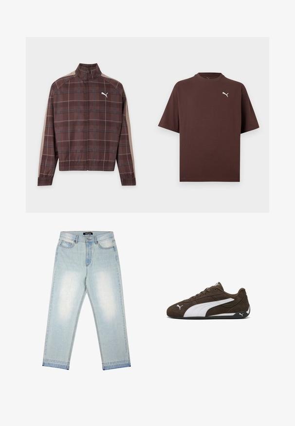 Bruine geruite jas met rits, met beige strepen op de mouwen en wit Puma-logo op de linkerborst, elastische manchetten en zoom.; Bruine T-shirt met korte mouwen en ronde hals, met een klein wit Puma-logo op de linkerborst, tegen een witte achtergrond.; Pegador BARROW - Wijde jeans - sand washed blue; Bruine suède sneakers met witte accenten, laag profiel, afgeronde neus en zwarte rubberen zool. Voorzien van veters en logodetails.