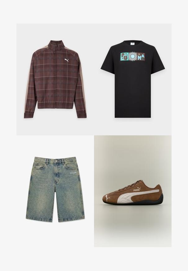 Bruine geruite jas met rits, met beige strepen op de mouwen en wit Puma-logo op de linkerborst, elastische manchetten en zoom.; Zwart T-shirt met korte mouwen met een horizontaal logoontwerp met de letters "PUMA" en een zon met het Puma-icoon in het midden.; Lichtblauwe denim shorts met een vervaagd effect, voorzakken, riemlussen, knoopsluiting en het "PEGADOR" logo op de rechter voorzak.; Bruine suède sneaker met witte accenten en een gestructureerd ontwerp. Heeft een zwarte rubberen zool en een opvallend Puma-logo aan de zijkant.