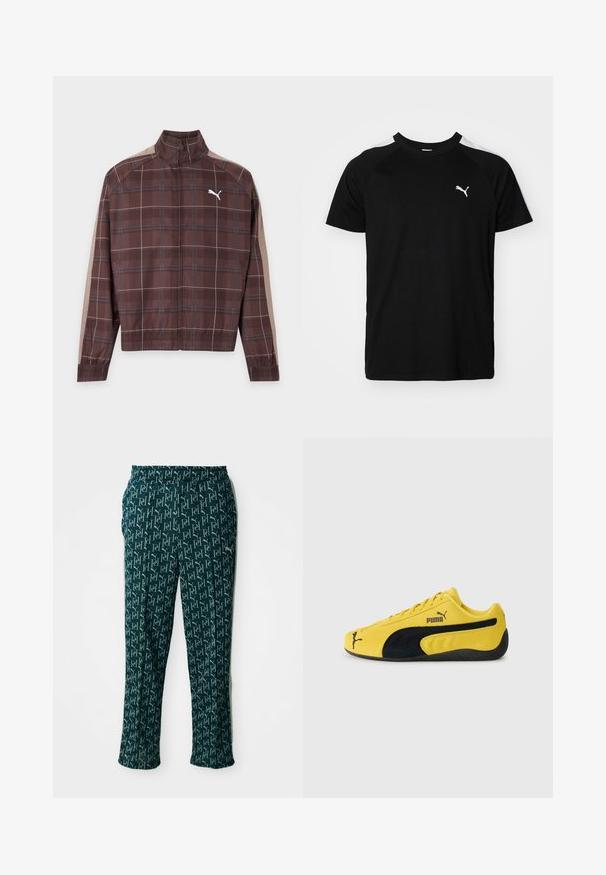 Brun ternet jakke med lynlås med beige striber på ærmerne og hvid Puma-logo på venstre bryst, elastiske manchetter og kant.; Sort kortærmet t-shirt med hvide accentstriber på skuldrene, rund halsudskæring og lille hvidt logo på venstre bryst. Blødt stof, klassisk pasform.; Grønne mønstrede bukser med et gentaget logo-design, med elastisk talje og lige snit, præsenteret mod en neutral baggrund.; Gul ruskinds sneakers med sorte ruskindsdetaljer. Har en struktureret sål, snørelukning og Puma-logo på siden og tungen.