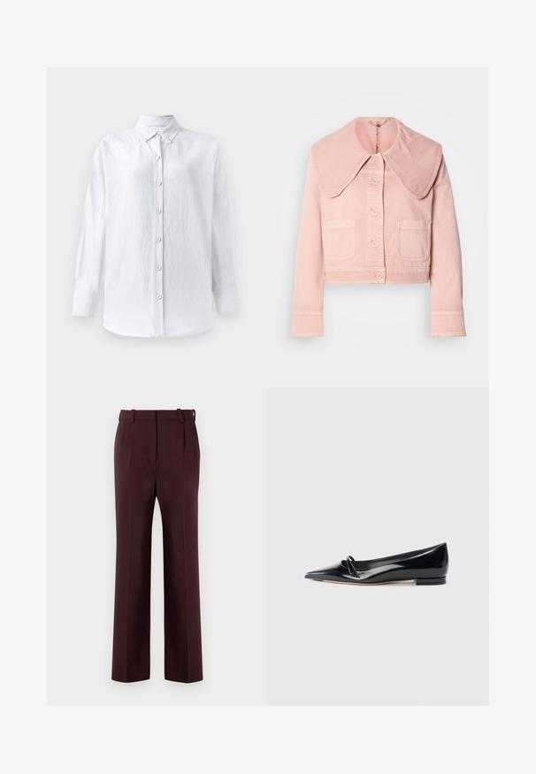 Pink cropped denimjakke med stor krave, to forlommer og knaplukning foran.; Hvid, knappet skjorte lavet af tekstureret stof, med krave, lange ærmer og en frontplade med seks synlige knapper.; Bordeaux skræddersyede bukser med høj talje, lige ben og plisseringer. Fremstillet af glat stof med bæltestropper og uden synlige mønstre.; Sorte patentlæder flade sko med spids tå, lille dekorativ rem og lav blokhæl. Glat tekstur og strømlinet design.