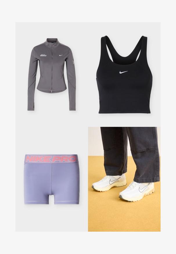 Grå Nike jakke med lange ærmer, lynlås og ståkrave, hvide Nike-logoer på brystet og subtile detaljer på ærmerne.; Sort Nike sports-bh med brede stropper og hvid Nike swoosh-logo centreret foran.; Lilla atletikshorts med en bred Nike Pro elastisk linning i pink. Glat, letvægtsstof med en tætsiddende pasform og uden tydelige teksturer.; Hvide atletik sko med mesh og syntetiske materialer, med et gråt logo, struktureret sål og beige detaljer, parret med mørke bukser.