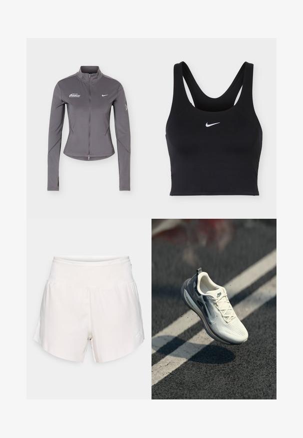 Šedá bunda Nike na zips s dlhým rukávom a stojatým golierom, biele logo Nike na hrudi a jemné detaily na rukávoch.; Čierna športová podprsenka Nike so širokými ramienkami a bielym logom Nike Swoosh uprostred vpredu.; Biele športové šortky s vysokým pásom, hladkým pásom a nenápadným logom na spodnej ľavej časti nohy, zobrazené na jednofarebnom pozadí.; Bielo-čierna bežecká obuv s nápisom „RUN“ vo vzduchu nad asfaltovou cestou s bielymi čiarami.