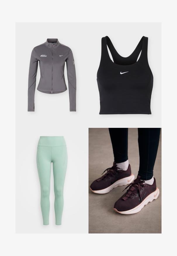 Γκρι μακρυμάνικο μπουφάν Nike με φερμουάρ και όρθιο γιακά, λευκά λογότυπα Nike στο στήθος και διακριτικές λεπτομέρειες στα μανίκια.; Μαύρο αθλητικό σουτιέν Nike με φαρδιές τιράντες και λευκό λογότυπο Nike Swoosh στο κέντρο μπροστά.; Κολάν μήκους μέχρι τον αστράγαλο σε μέντα πράσινο με ψηλή μέση, ραμμένες πλαϊνές τσέπες και λείο φινίρισμα, παρουσιάζεται σε λευκό φόντο.; Βυσσινί αθλητικά παπούτσια με υφασμάτινο άνω μέρος με υφή, λευκή σόλα και μαύρο λογότυπο Nike. Διαθέτουν στρογγυλά κορδόνια και διακοσμητικές θηλιές για τα κορδόνια.