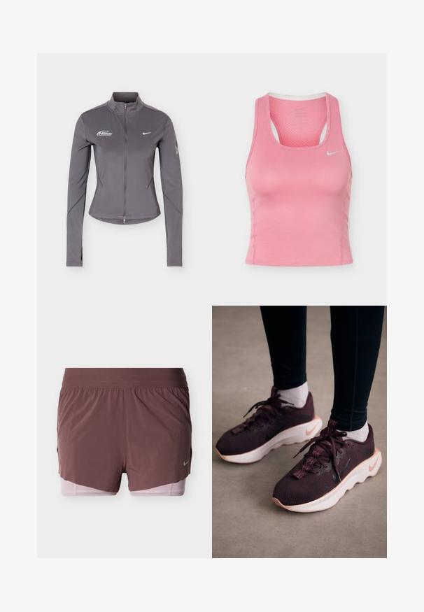 Grijze Nike jas met lange mouwen en ritssluiting, opstaande kraag, witte Nike-logo's op de borst en subtiele details op de mouwen.; Roze Nike mouwloze sporttanktop met racerback en klein wit Swoosh-logo op de borst, gemaakt van textiel ademende stof.; Korte broek in diep mauve met een lichtgewicht ontwerp, voorzien van een brede tailleband en een roze binnenvoering. Heeft een klein logodetail aan de zijkant.; Bordeauxrode sportschoenen met een gewoven bovenwerk, witte zool en zwart Nike-logo. Voorzien van ronde veters en patroonvormige veterlussen.