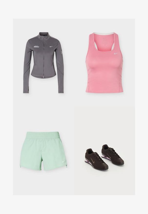 Veste zippée Nike grise à manches longues avec col montant, logos blancs Nike sur la poitrine et détails subtils sur les manches.; Débardeur de sport sans manches Nike rose avec dos nageur et petit logo Swoosh blanc sur la poitrine, fabriqué en tissu texturé respirant.; Short de sport vert clair avec ceinture élastique et petit logo Nike blanc sur la partie inférieure droite de la jambe sur fond blanc.; Baskets de sport noires avec une tige texturée, des accents marron et une semelle à coussin d'air violette. Design à lacets avec une marque bien visible.
