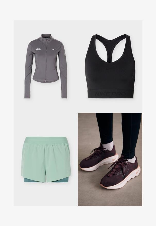 Grijze Nike jas met lange mouwen en ritssluiting, opstaande kraag, witte Nike-logo's op de borst en subtiele details op de mouwen.; Zwarte Nike Pro sportbeha met racerback-ontwerp en elastische band aan de onderkant met subtiel Nike-logo en branding.; Muntgroene gelaagde sportshorts met een brede tailleband en een zichtbare binnenste compressielaag onder de buitenstof.; Bordeauxrode sportschoenen met een gewoven bovenwerk, witte zool en zwart Nike-logo. Voorzien van ronde veters en patroonvormige veterlussen.
