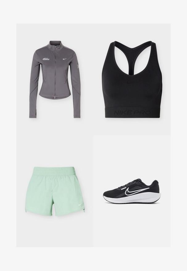 Γκρι μακρυμάνικο μπουφάν Nike με φερμουάρ και όρθιο γιακά, λευκά λογότυπα Nike στο στήθος και διακριτικές λεπτομέρειες στα μανίκια.; Μαύρο αθλητικό σουτιέν Nike Pro με σχεδιασμό racerback και ελαστική ταινία στο κάτω μέρος, διακοσμημένο διακριτικά με το λογότυπο και τη σήμανση της Nike.; Ανοιχτοπράσινα αθλητικά σορτς με ελαστική μέση και μικρό λευκό σήμα Nike στο κάτω δεξί πόδι σε λευκό φόντο.; Μαύρα αθλητικά παπούτσια με διχτυωτό επάνω μέρος, λευκές λεπτομέρειες, μαξιλαρωτή σόλα και κομψό σχέδιο. Διαθέτουν στρογγυλή μύτη και επίπεδη σόλα.