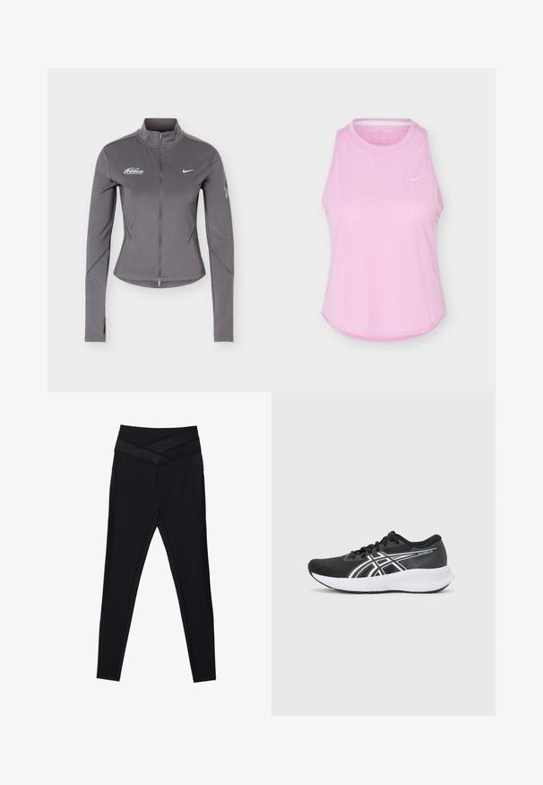 Hall Nike pikkade varrukatega lukuga jakk, püstitatud krae, valged Nike logod rinnal ja peened varruka detailid.; Hele roosa varrukateta sportlik topp ümar kaelusega ja väikese valge Nike Swoosh logoga rinnal.; Mustad kõrge vöökohaga retuusid laia, ristatud vööjoone ja kitsaste jalgadega valgel taustal.; Mustad mustrennijalanõud, millel on tekstuuriga pese, valged aktsendid ja pehme valge tall. Külje peal on logo ja paelad.