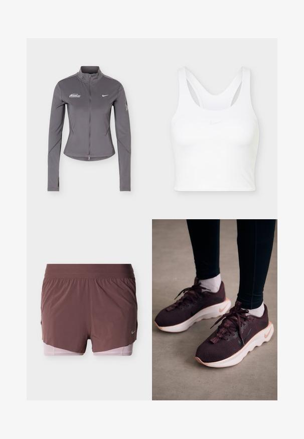Grijze Nike jas met lange mouwen en ritssluiting, opstaande kraag, witte Nike-logo's op de borst en subtiele details op de mouwen.; Witte cropped sportbeha met racerback-ontwerp en vaag Nike swoosh-logo middenvoor.; Korte broek in diep mauve met een lichtgewicht ontwerp, voorzien van een brede tailleband en een roze binnenvoering. Heeft een klein logodetail aan de zijkant.; Bordeauxrode sportschoenen met een gewoven bovenwerk, witte zool en zwart Nike-logo. Voorzien van ronde veters en patroonvormige veterlussen.