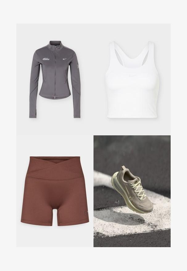 Γκρι μακρυμάνικο μπουφάν Nike με φερμουάρ και όρθιο γιακά, λευκά λογότυπα Nike στο στήθος και διακριτικές λεπτομέρειες στα μανίκια.; Λευκό αθλητικό μπλουζάκι τύπου crop με σχεδιασμό racerback και αμυδρό λογότυπο Nike στο κέντρο μπροστά.; Καφέ αθλητικό σορτς με ψηλή μέση και σχεδιασμό με διασταυρούμενο μπροστινό μέρος. Κατασκευασμένο από λείο, ελαστικό υλικό. Διαθέτει μικρό λογότυπο στο πλάι.; Μπεζ αθλητικό παπούτσι με επάνω μέρος από δίχτυ, κρεμ λεπτομέρειες και χρυσό λογότυπο. Στρογγυλεμένη σόλα με απορρόφηση κραδασμών, αιωρούμενη πάνω από επιφάνεια με υφή σε μαύρο χρώμα.