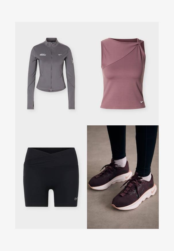 Grijze Nike jas met lange mouwen en ritssluiting, opstaande kraag, witte Nike-logo's op de borst en subtiele details op de mouwen.; Mouwloos mauve sporttopje met asymmetrische halslijn en klein wit Nike-logo aan de onderkant aan de linkerkant.; Zwarte sportshorts met een gekruiste tailleband en klein wit Nike swoosh-logo op het linkerbeen tegen een effen achtergrond.; Bordeauxrode sportschoenen met een gewoven bovenwerk, witte zool en zwart Nike-logo. Voorzien van ronde veters en patroonvormige veterlussen.