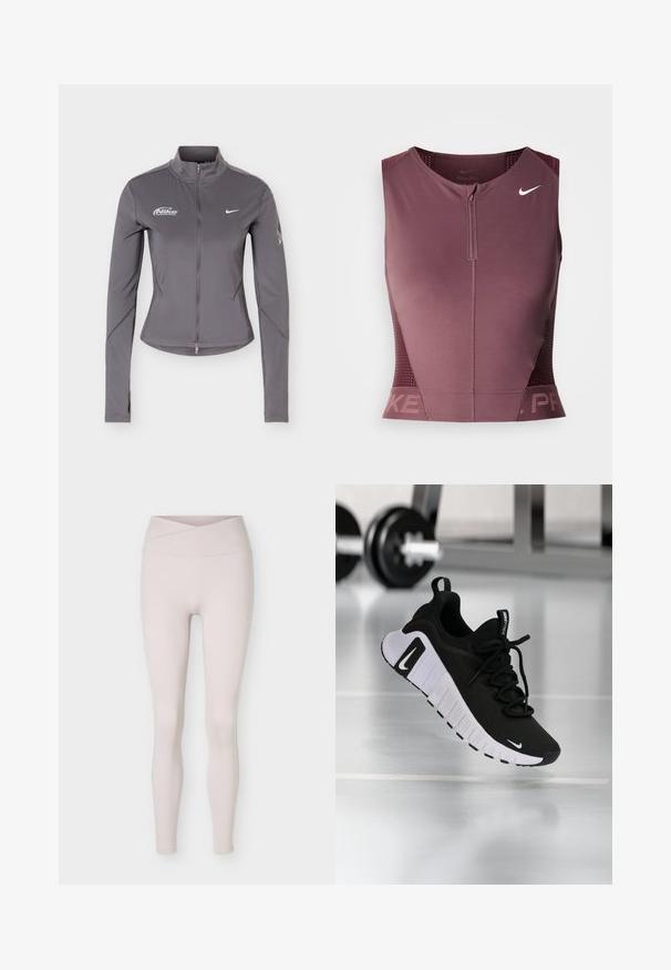 Veste zippée Nike grise à manches longues avec col montant, logos blancs Nike sur la poitrine et détails subtils sur les manches.; Haut sans manches Nike Pro en bordeaux foncé avec une fermeture éclair à l'avant, des panneaux latéraux texturés et un logo sur la poitrine. Tissu lisse, coupe athlétique.; Leggings beige clair taille haute sans coutures avec un détail de ceinture croisée, présentés à plat sur un fond blanc.; Chaussure de sport noire avec une tige en tissu texturé, une semelle blanche et un système de laçage prononcé. Présente un logo Nike et un design doux et rembourré.