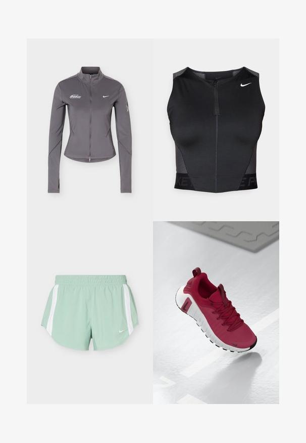 Harmaa pitkähiha Nike vetoketjullinen takki pystykankaalla, valkoiset Nike-logot rinnassa ja hienovaraiset hihasomisteet.; Musta urheilullinen lyhyt paita vetoketjulla, teksturoiduilla hartiapaneeleilla ja painatulla merkkilogolla. Valmistettu joustavasta, hengittävästä kankaasta.; Vaaleanvihreät urheilushortsit valkoisilla sivuraitoja ja kuminauhavyötäröllä, edessä pieni valkoinen Nike-logo.; Punainen urheilukenkä, jossa on teksturoitu päällinen, nauhat ja paksu valkoinen pohja. Varressa on kontrastoiva musta varvasosa ja logo sivussa.