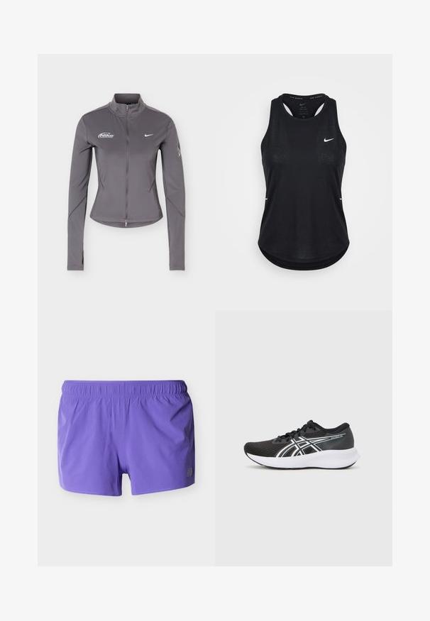 Grijze Nike jas met lange mouwen en ritssluiting, opstaande kraag, witte Nike-logo's op de borst en subtiele details op de mouwen.; Zwart Nike Dri-FIT mouwloos hardlooptopje met racerback en kleine witte Nike-swoosh op de borst tegen een effen achtergrond.; Paarse sportkorte broek met elastische tailleband en kleine perforaties voor ademend vermogen, weergegeven tegen een effen achtergrond.; Zwarte sportieve schoenen met een gestructureerde mesh bovenkant, witte accenten en een gewatteerde witte zool. Heeft een logo aan de zijkant en veters.