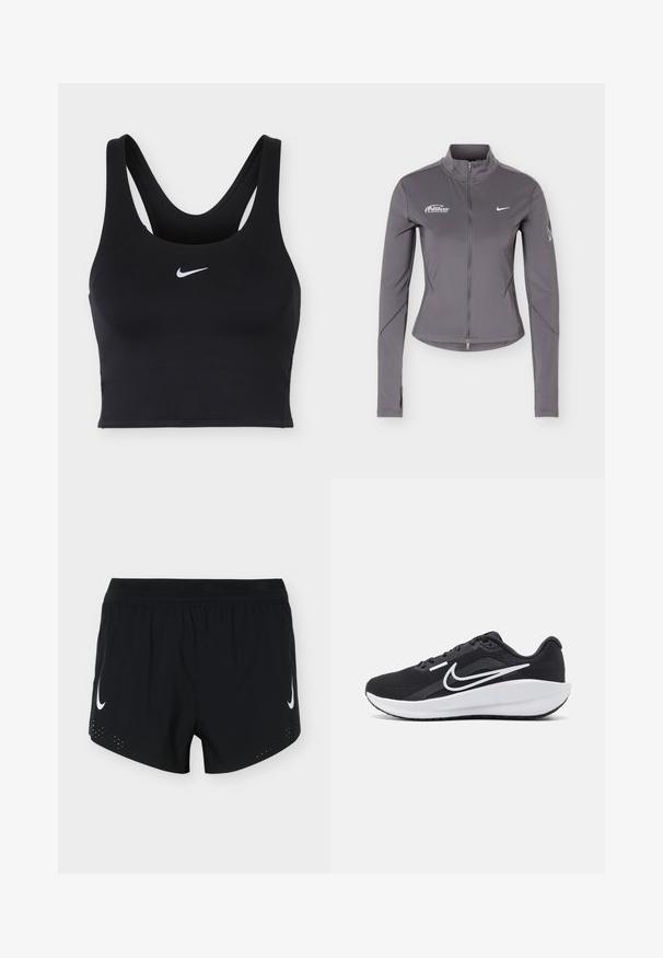 Hall Nike pikkade varrukatega lukuga jakk, püstitatud krae, valged Nike logod rinnal ja peened varruka detailid.; Must Nike spordirinnahoidja laiade rihmade ja ees keskelt valge Nike Swoosh logoga.; Mustad sportlühikesed püksid elastse vöökohaga, valgete Nike logodega mõlemal jalal ja väikesed ventilatsiooniavadääres äärel.; Mustan värvi spordisaapad, millel on võrgu ülemine osa, valged detailid, pehmendatud tald ja voolujooneline disain. Omab ümarat varbajoont ja lamedat tallat.