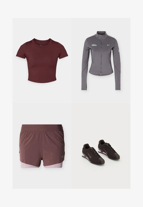 Chaqueta gris de Nike con cremallera, manga larga y cuello alto, logos blancos de Nike en el pecho y detalles sutiles en las mangas.; Camiseta corta color burdeos hecha de una tela suave y elástica. Presenta mangas cortas y un cuello redondo, con un logo sutil en el pecho.; Pantalones cortos en malva intenso con un diseño ligero, que cuentan con una cinturilla ancha y un forro interior rosa. Incluyen un pequeño detalle de logo en el lateral.; Zapatillas deportivas negras con parte superior texturizada, detalles en marrón y una suela acolchada de aire en púrpura. Diseño con cordones y marca destacada.