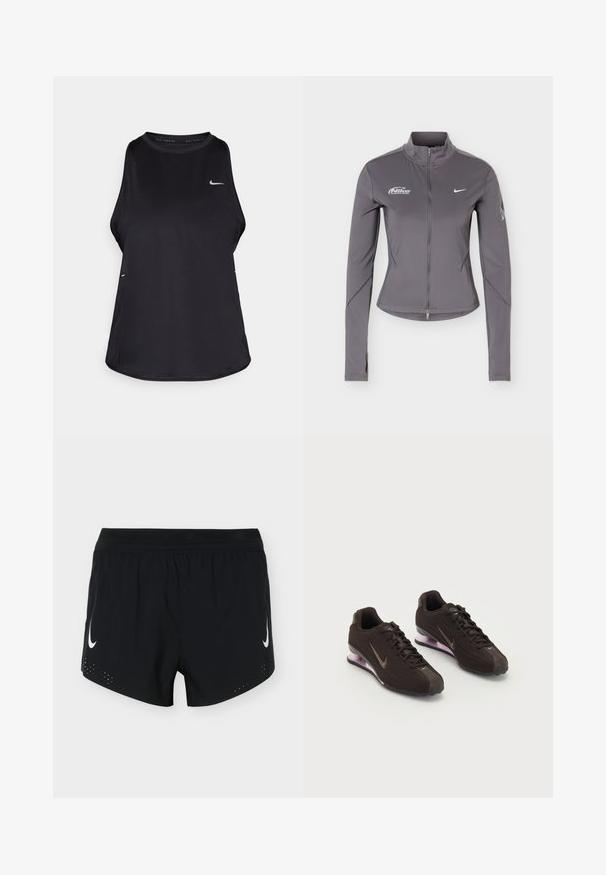 Pelēka Nike jaka ar garām piedurknēm un rāvējslēdzēju, stāvu apkakli, baltām Nike logotipiem krūtīs un smalkām piedurkņu detaļām.; Melna bezruku skriešanas kreklu, kas izgatavots no viegla materiāla ar apaļu kakla izgriezumu; tam ir diskrēta logo un sānu šķirbes gaisa caurlaidībai.; Melni sporta šorti ar elastīgu vidukli, baltas Nike swoosh logotipiem uz abām kājām un maziem ventilācijas caurumiem pie apakšas.; Melni sporta apavi ar teksturētu augšdaļu, brūnu akcentu un purpura gaisa spilvenu zoli. Mežģīņu dizains ar izteiktu zīmolu.